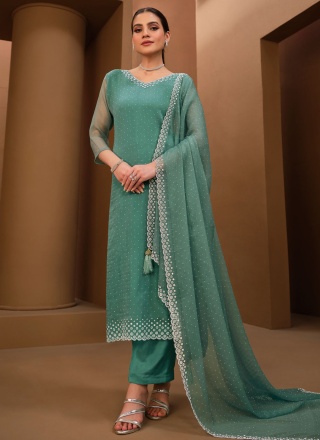 Magnetic Chiffon Turquoise Swarovski Trendy Salwar Kameez