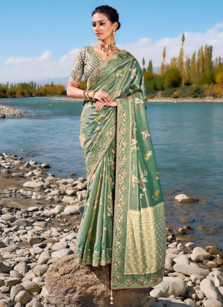 Magnetic Mirror Sea Green Banarasi Silk Trendy Saree