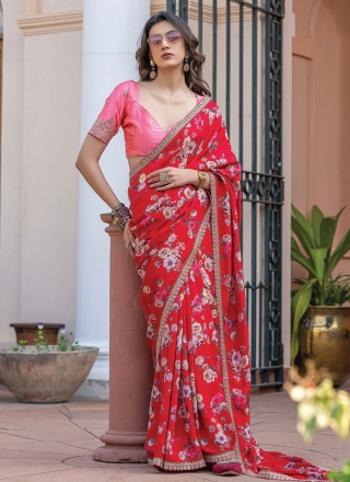 Magnetic Viscose Red Lace Trendy Saree