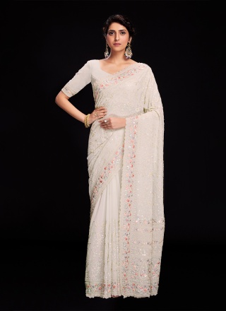 Magnetize Off White Lucknowi work Designer Saree