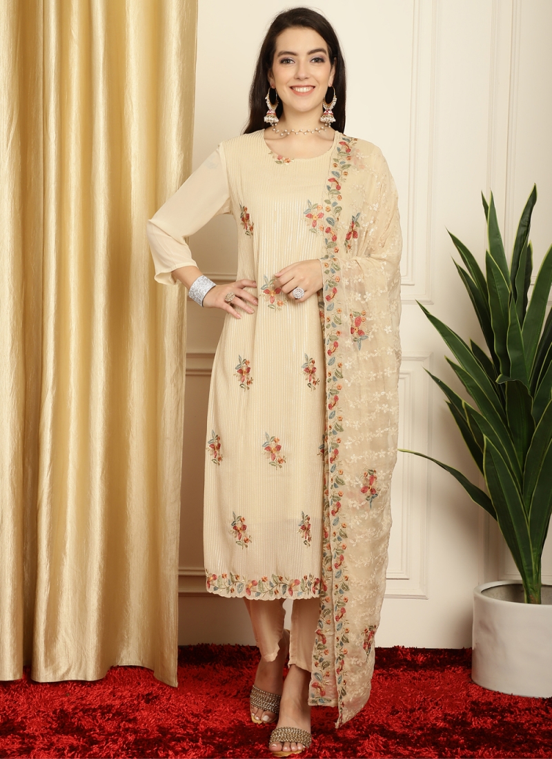 Magnificent Embroidered Beige Georgette Trendy Suit
