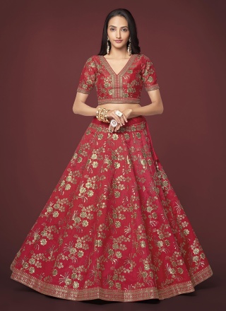 Magnificent Silk Embroidered Red Trendy Lehenga Choli