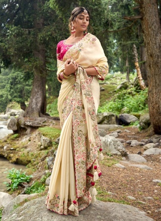 Majesty Satin Cream Embroidered Classic Saree