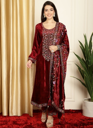 Maroon Embroidered Velvet Designer Salwar Suit