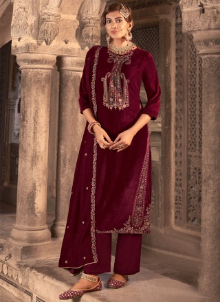 Maroon Embroidered Velvet Palazzo Salwar Kameez