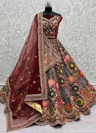 Maroon Embroidered Velvet Trendy Lehenga Choli