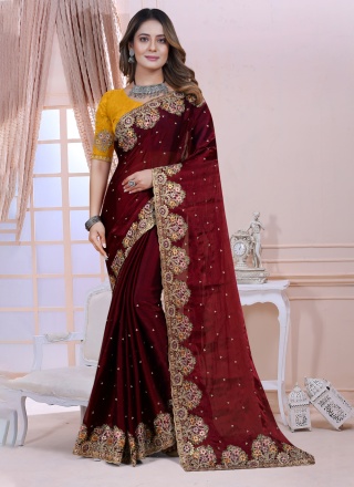 Maroon Resham Satin Silk Designer Saree