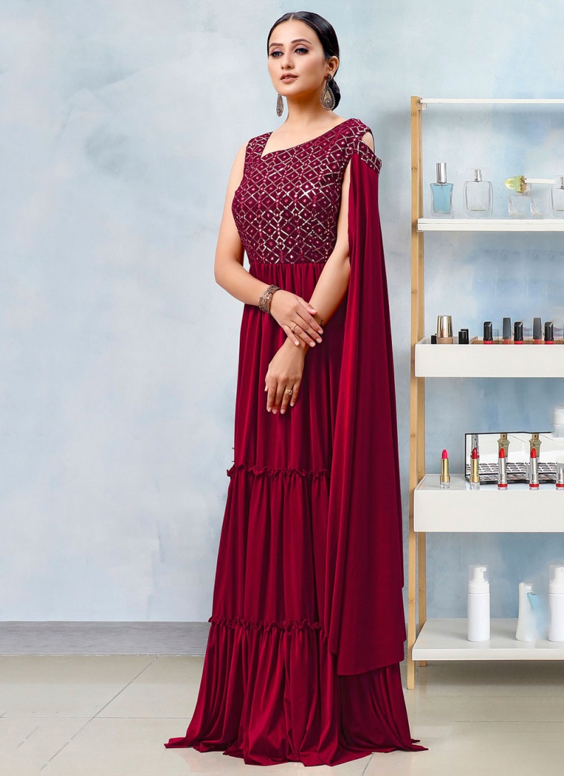 Maroon saree gown in net with a fancy cape adorn in zardosi and moti  embroidered work only on Kalki | Saree gown, Indowestern gowns, Gowns