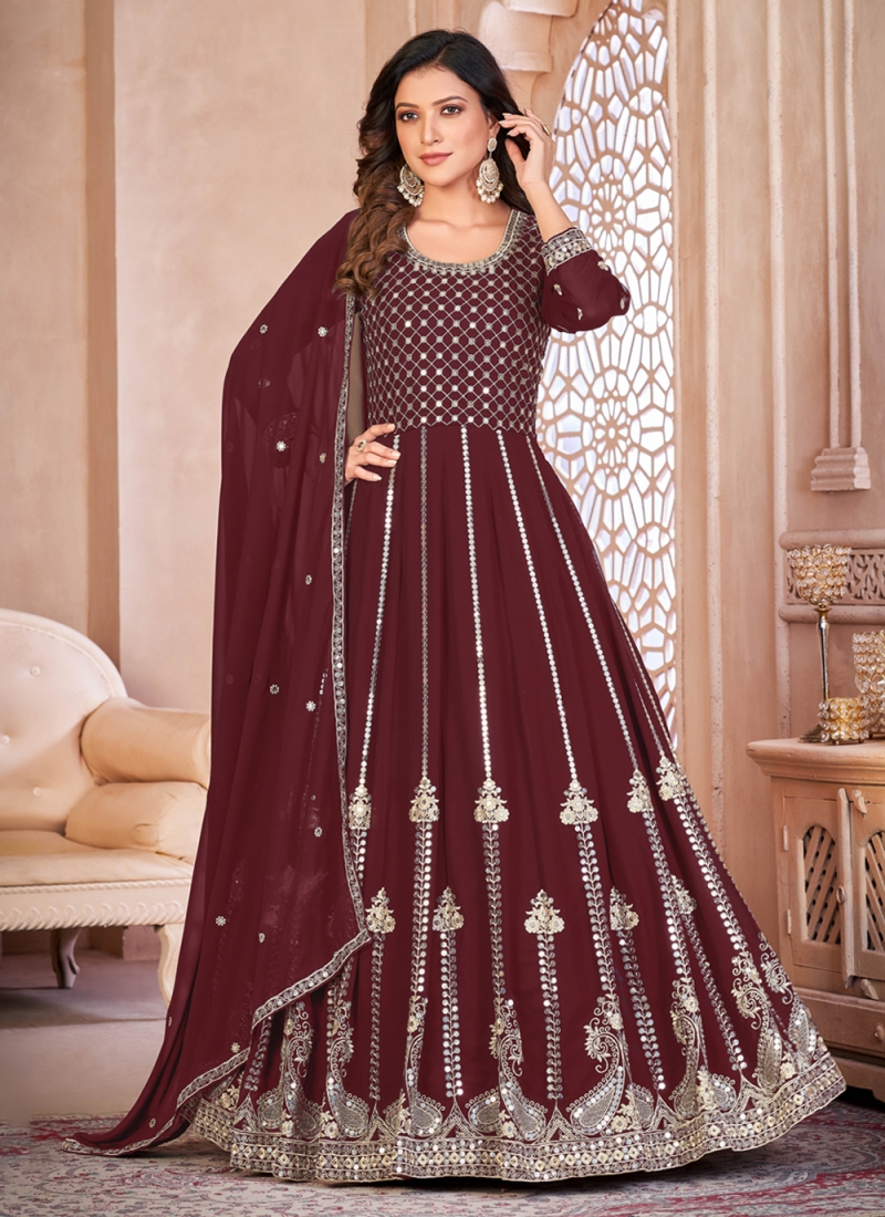 Long Sleeves Georgette Stylish Maroon Gown With Dupatta For Girls And Women  | Partywear Gown | Classic Gown | Gown For Girls |