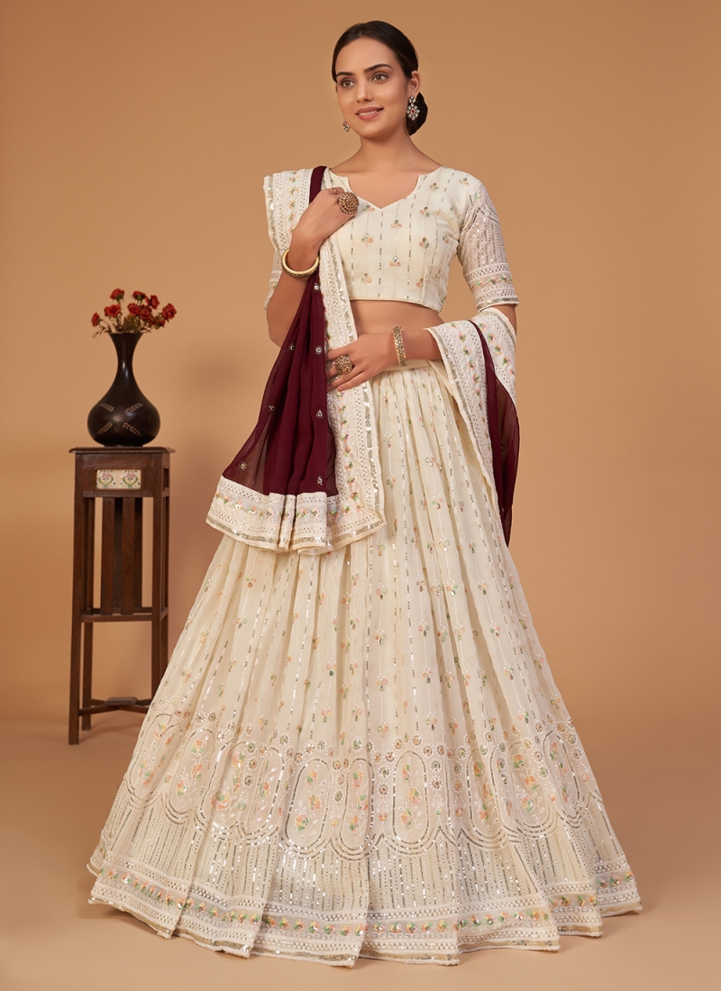 Miraculous Georgette Sequins Off White A Line Lehenga Choli