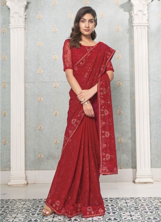 Miraculous Red Embroidered Faux Georgette Classic Saree