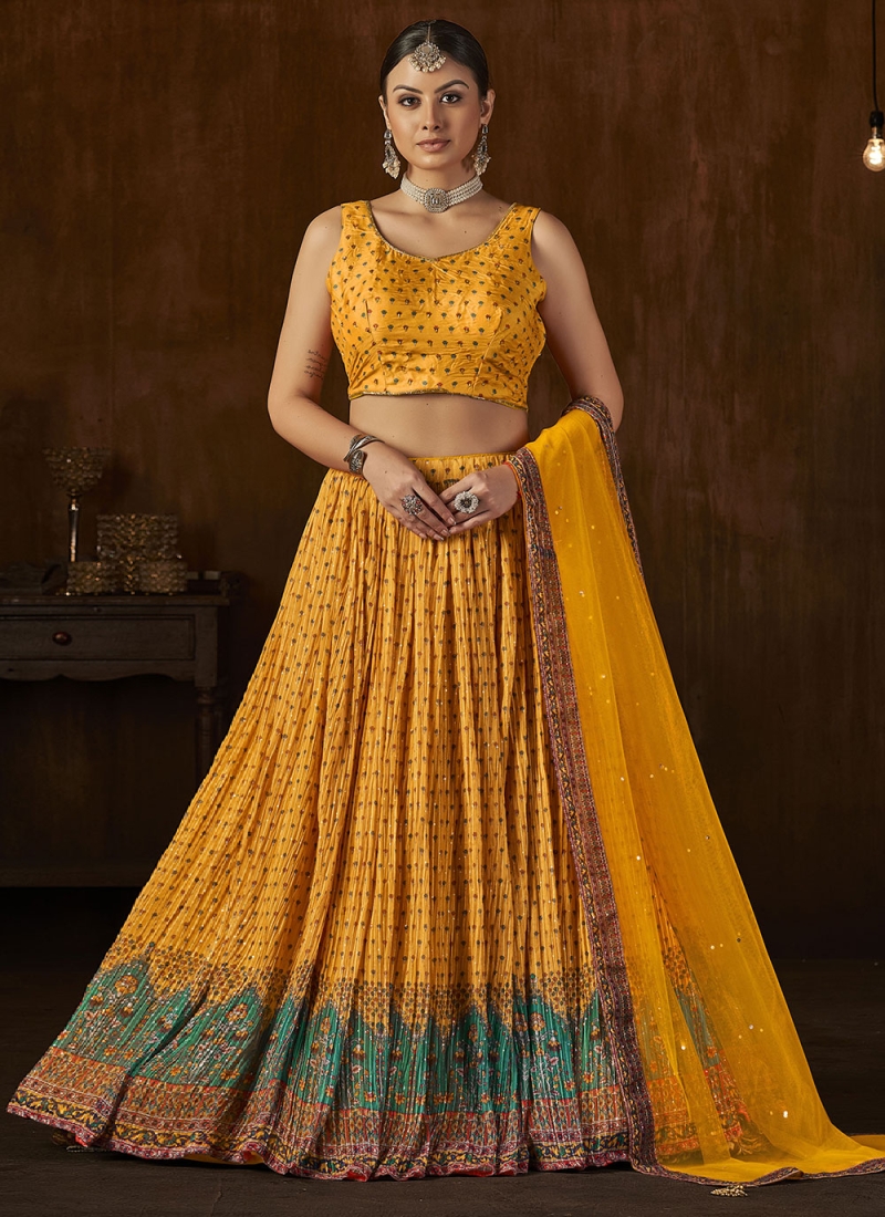 Modern Georgette Digital Print Mustard A Line Lehenga Choli