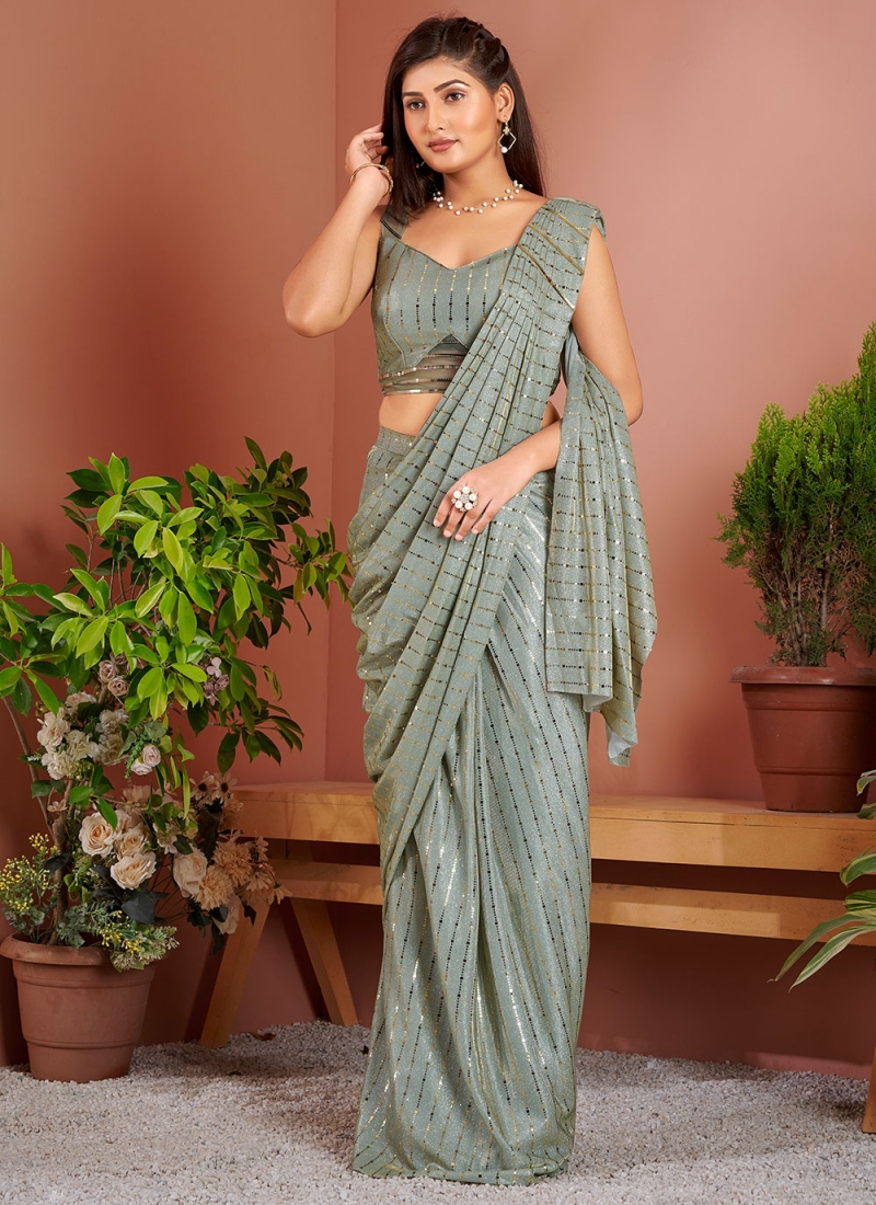 Modest Sea Green Sequins Imported One Minute Saree
