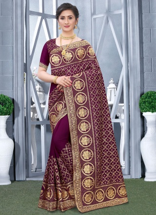 Modest Wine Embroidered Contemporary Saree