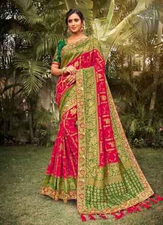 Monumental Red Foil Print Silk Contemporary Style Saree