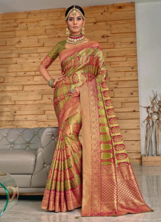 Multi Colour Mehndi Banarasi Silk Trendy Saree
