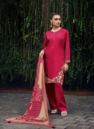Muslin Designer Salwar Suit in Rani