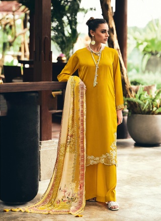 Muslin Woven Salwar Kameez in Yellow