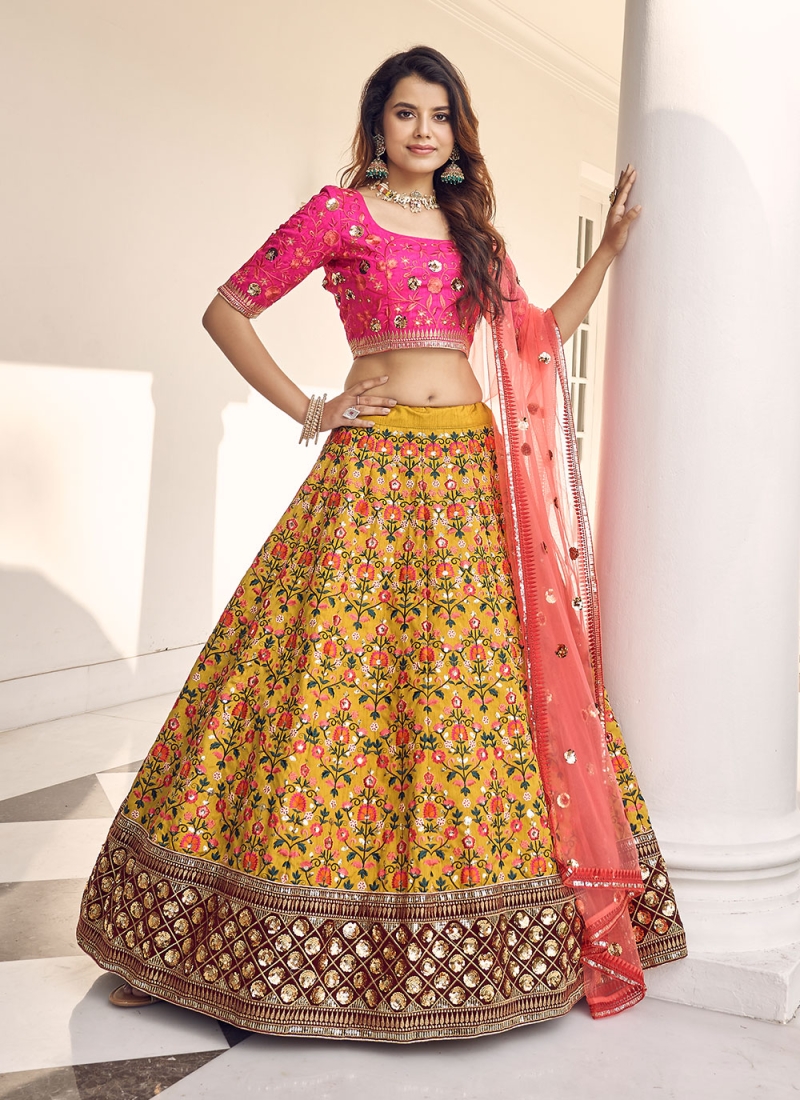 Mustard Art Silk Engagement Lehenga Choli