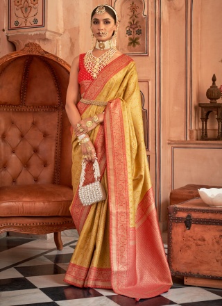 Mustard Ceremonial Banarasi Silk Contemporary Saree