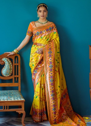 Mustard Engagement Banarasi Silk Contemporary Saree