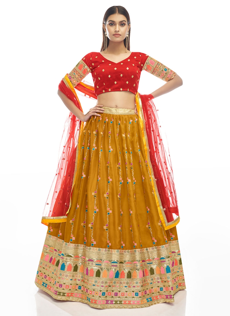 Mustard Georgette Satin Wedding A Line Lehenga Choli