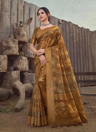 Mustard Organza Printed Traditional Saree