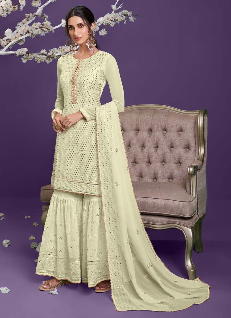 Mystical Cream Thread Georgette Palazzo Salwar Suit