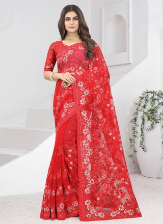 Mystical Red Resham Net Classic Saree