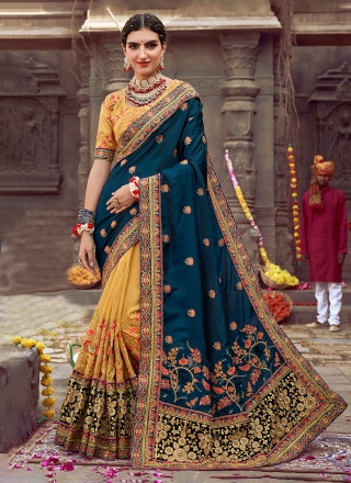 Navy Blue and Yellow Color Designer Saree