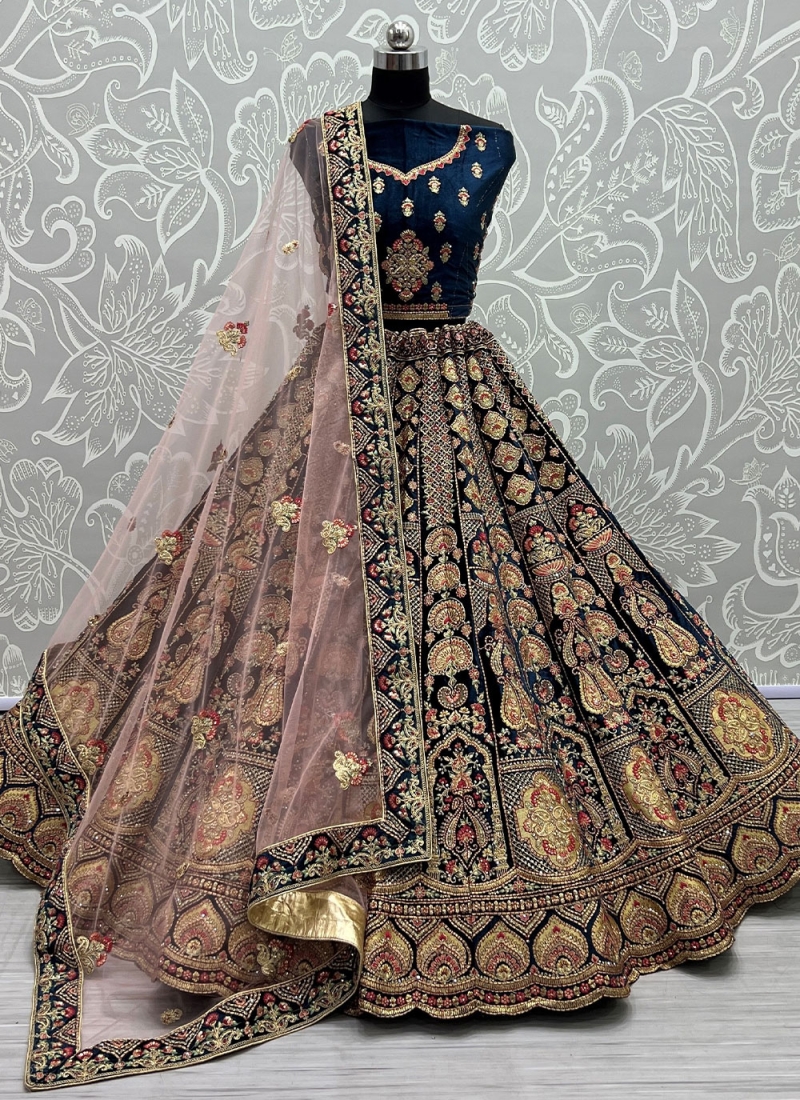 Navy Blue Bridal Velvet A Line Lehenga Choli