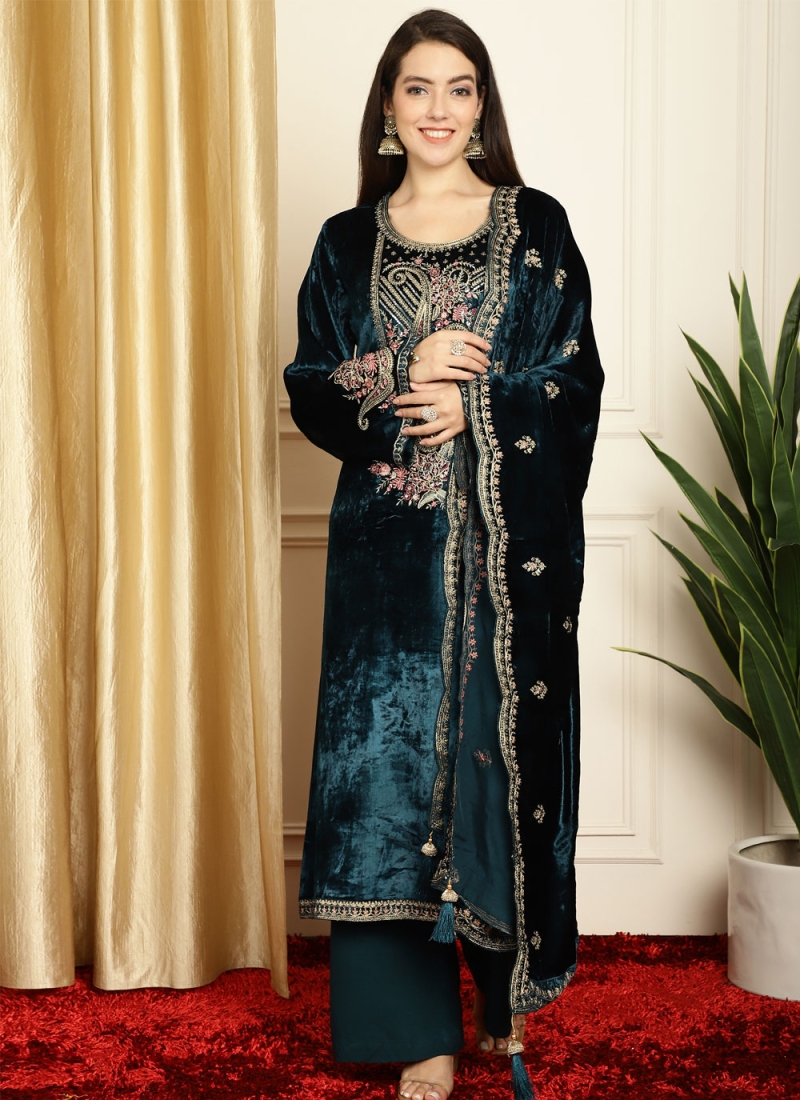 Buy Dark Blue Hand Embroidered Velvet Suit- Set of 3 | AHTW3P-17/AHAM1 |  The loom