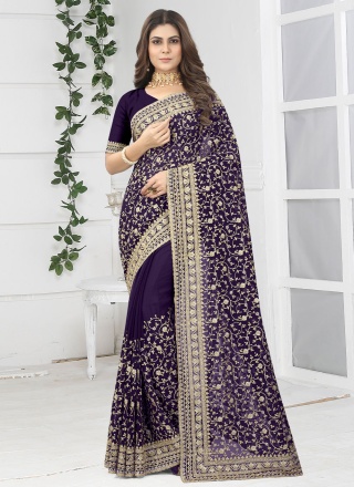 Navy Blue Embroidered Party Designer Saree