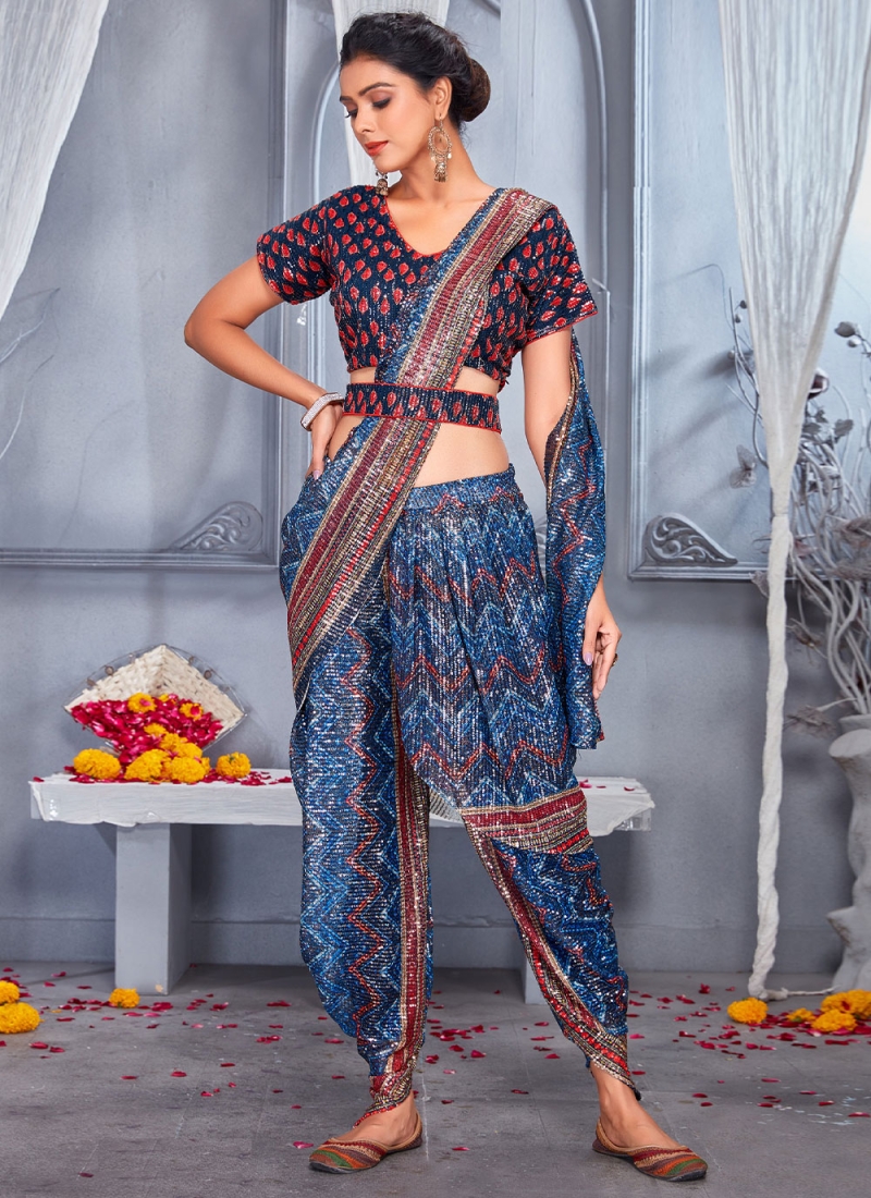 Navy Blue Festival Net Contemporary Style Saree