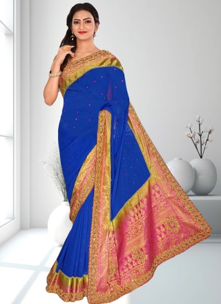 Navy Blue Georgette Embroidered Trendy Saree