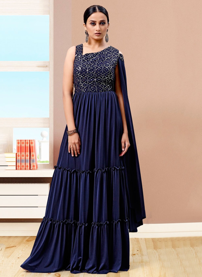 Navy Blue Sequins Party Trendy Gown