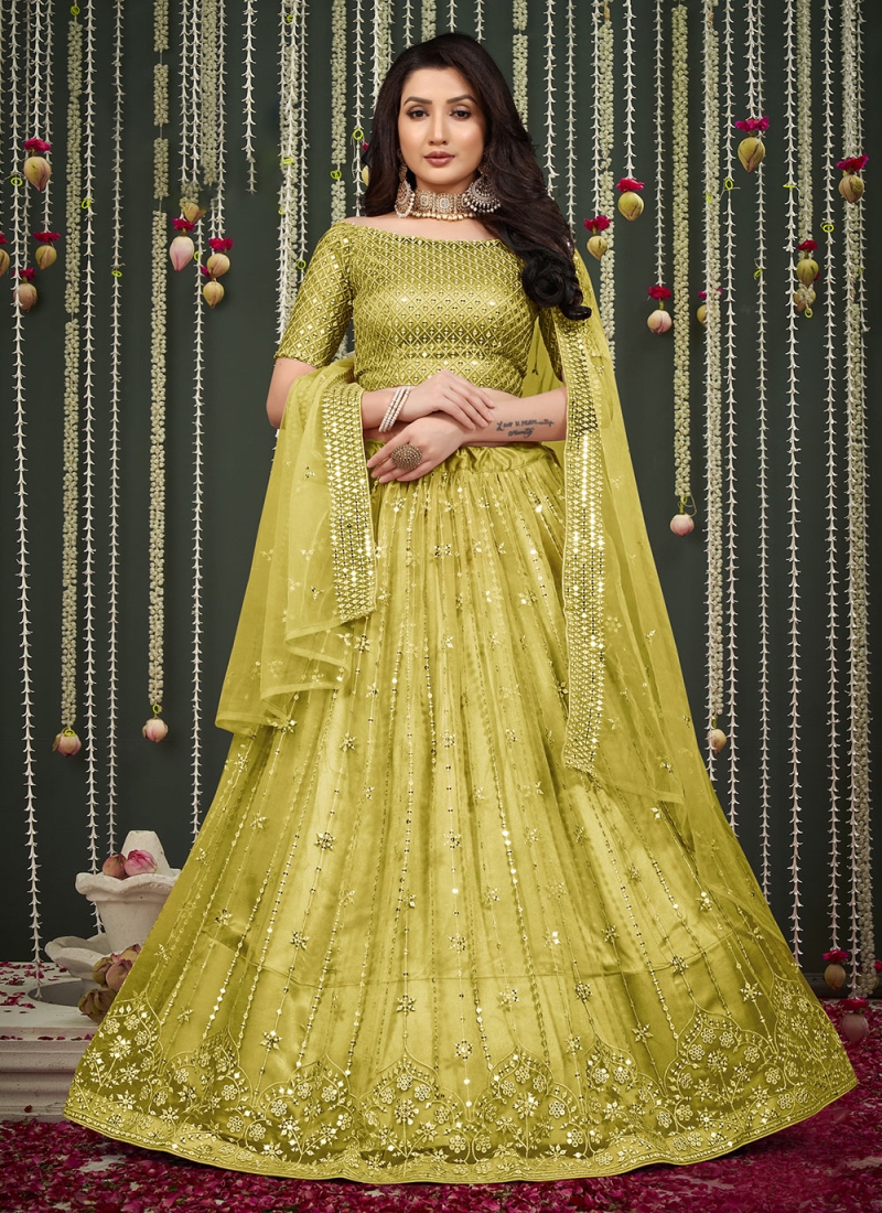 Net A Line Lehenga Choli in Green