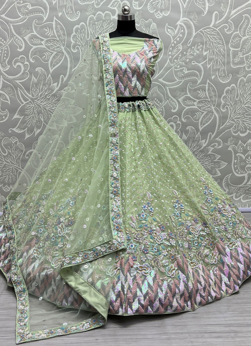 Net A Line Lehenga Choli in Green