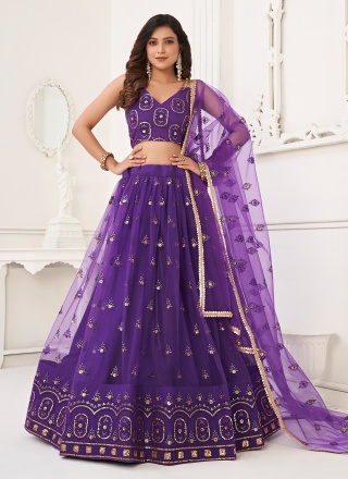 Net A Line Lehenga Choli in Purple