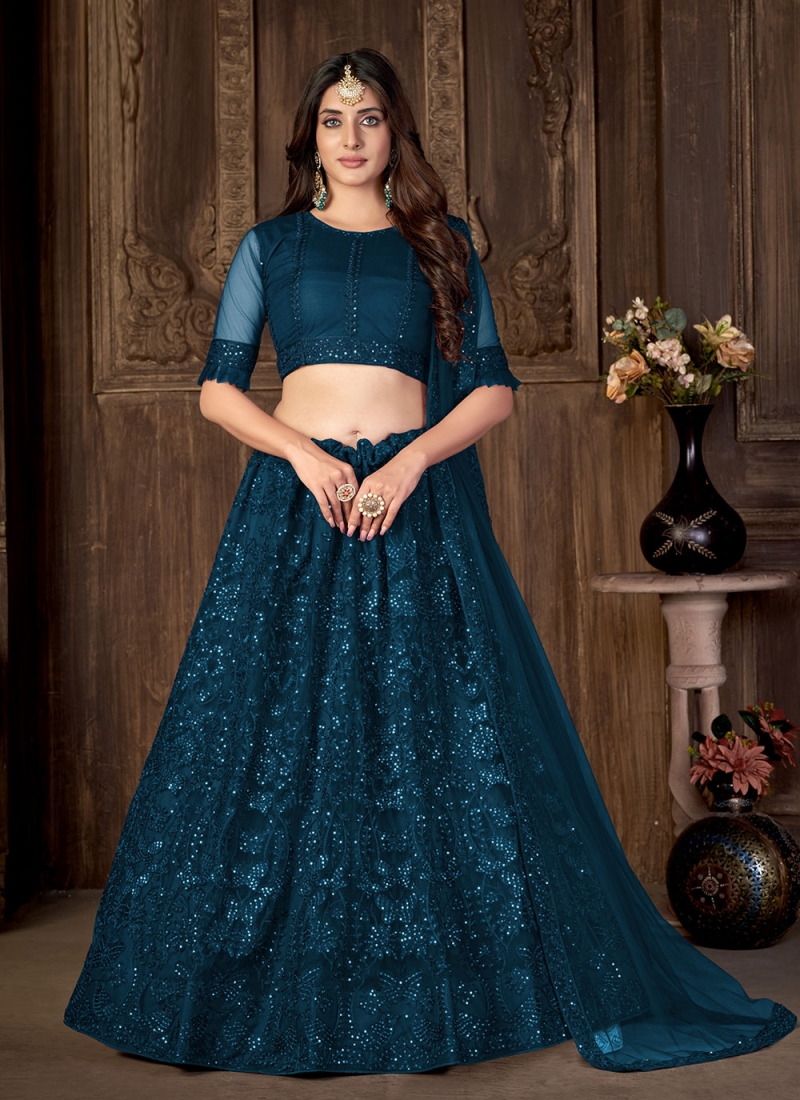 Net Blue Embroidered A Line Lehenga Choli