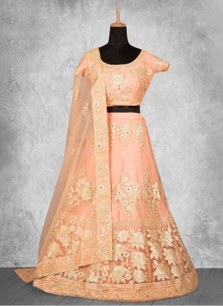 Net Cord A Line Lehenga Choli in Orange