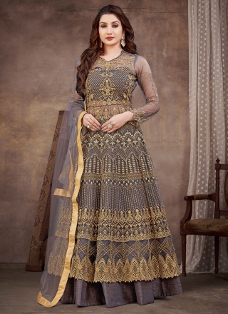 Net Embroidered Grey Long Length Anarkali Salwar S