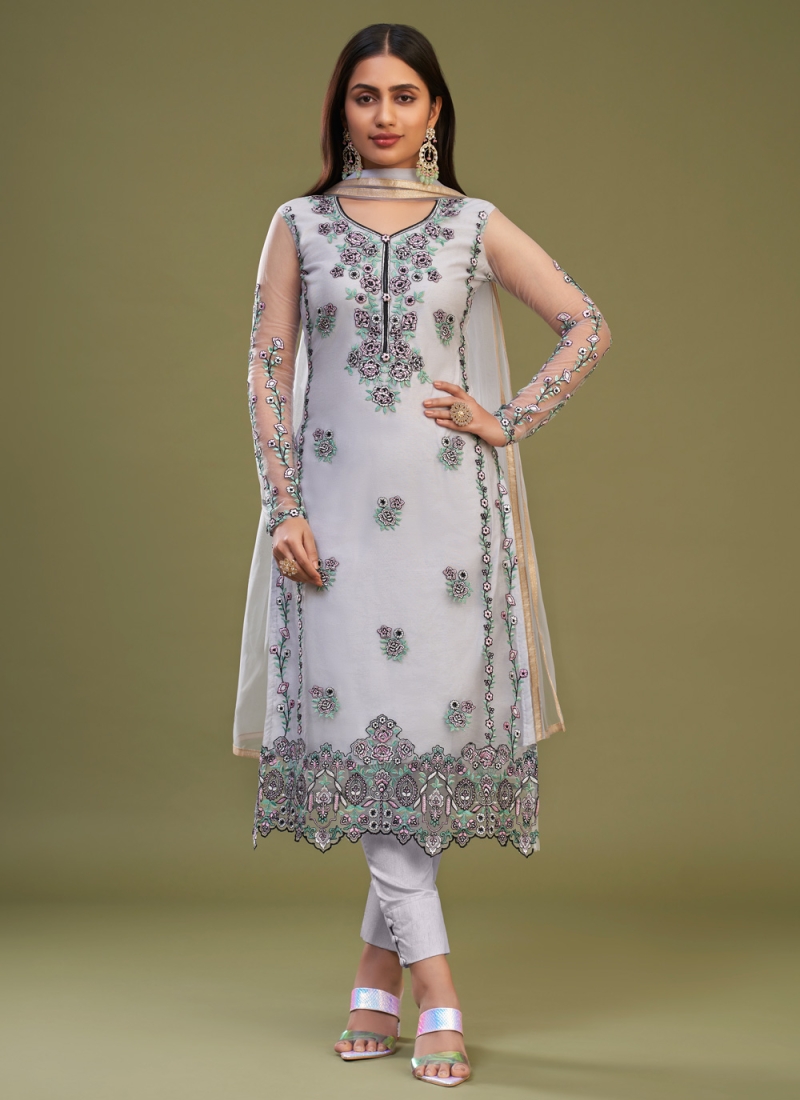 Net Embroidered Grey Pant Style Suit