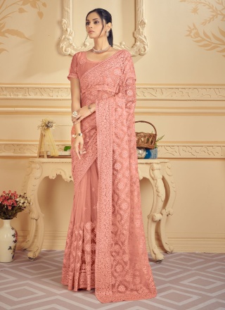 Net Embroidered Trendy Saree in Peach