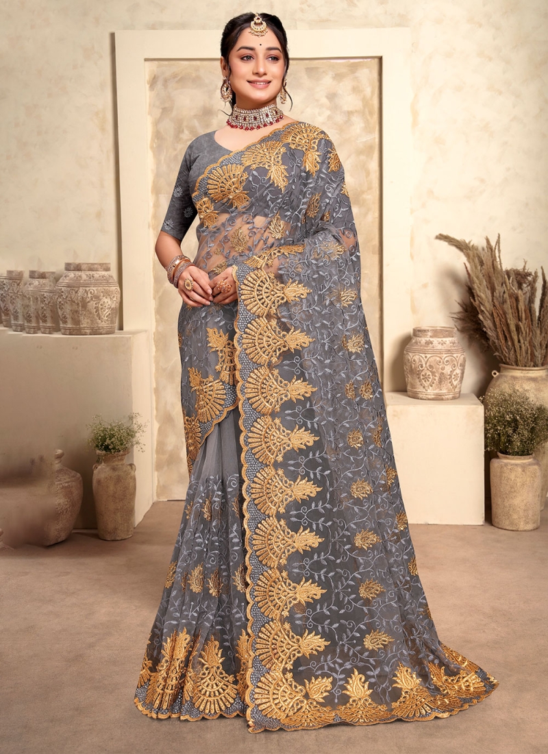 Net Grey Embroidered Classic Saree