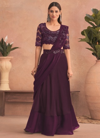 Net Lehenga Style Saree in Purple