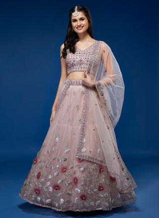 Net Long Choli Lehenga in Rose Pink