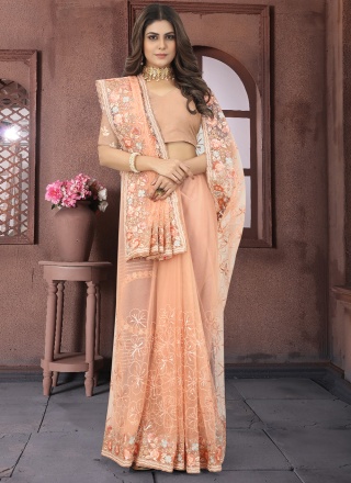 Net Orange Patchwork Classic Saree