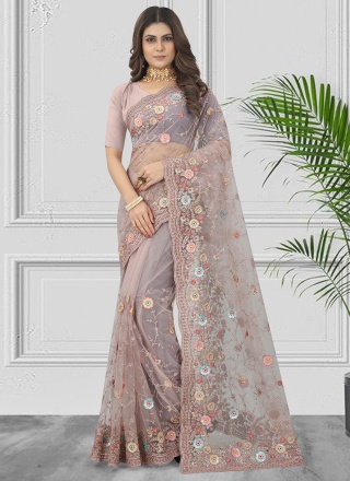 Net Patchwork Contemporary Style Saree in Mauve