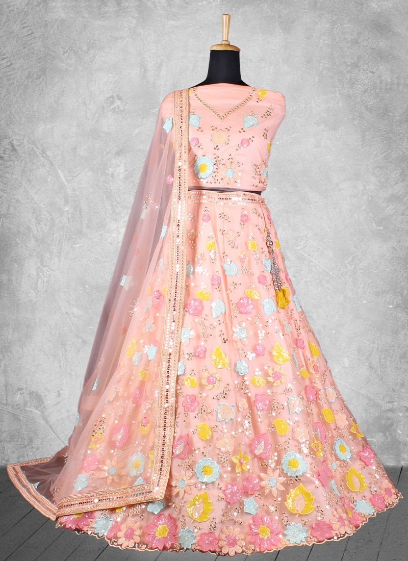 Net Peach Sequins Trendy A Line Lehenga Choli